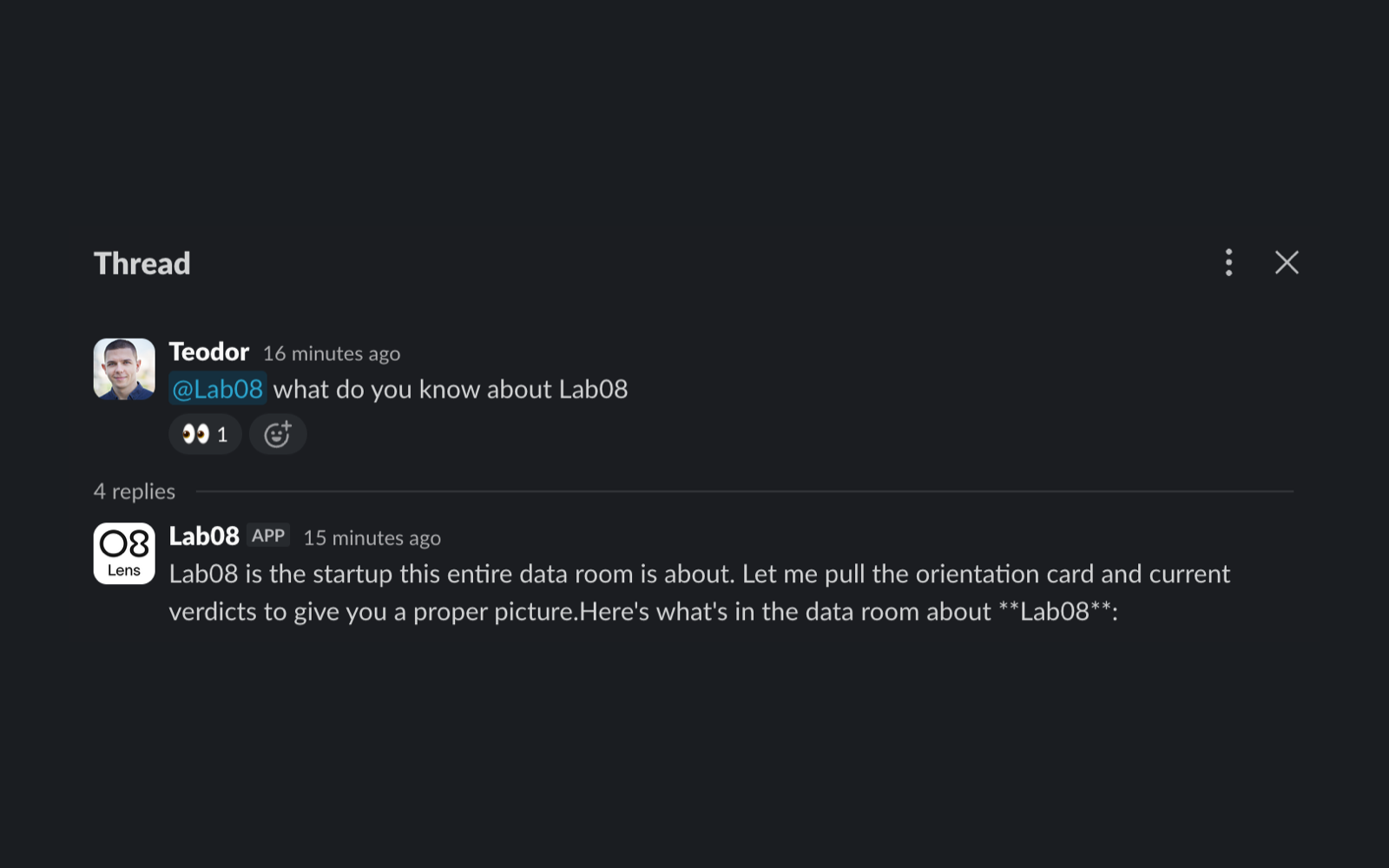A Slack thread. A team member mentions Lab08 with a question about a company, and Lab08 answers in the thread from what that company’s workspace holds.